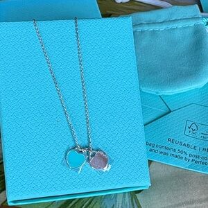 Silver Double Heart Pendant Necklace in Turquoise